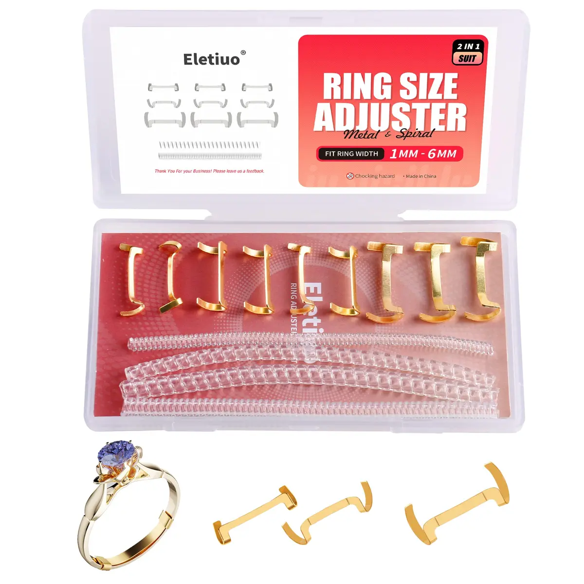 ELETIUO 13 Pack Filled Metal Ring Guard with 4 Sizes Spirals for Loose Rings | Invisible Adjustable Fit for Men & Women - main product image