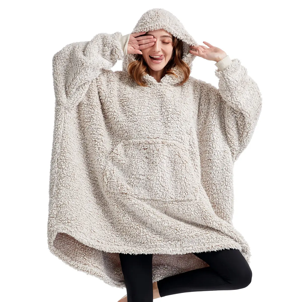 HORIMOTE HOME Oversized Sherpa Wearable Blanket Hoodie for Adults & Kids | Super Warm Light Brown - main product image
