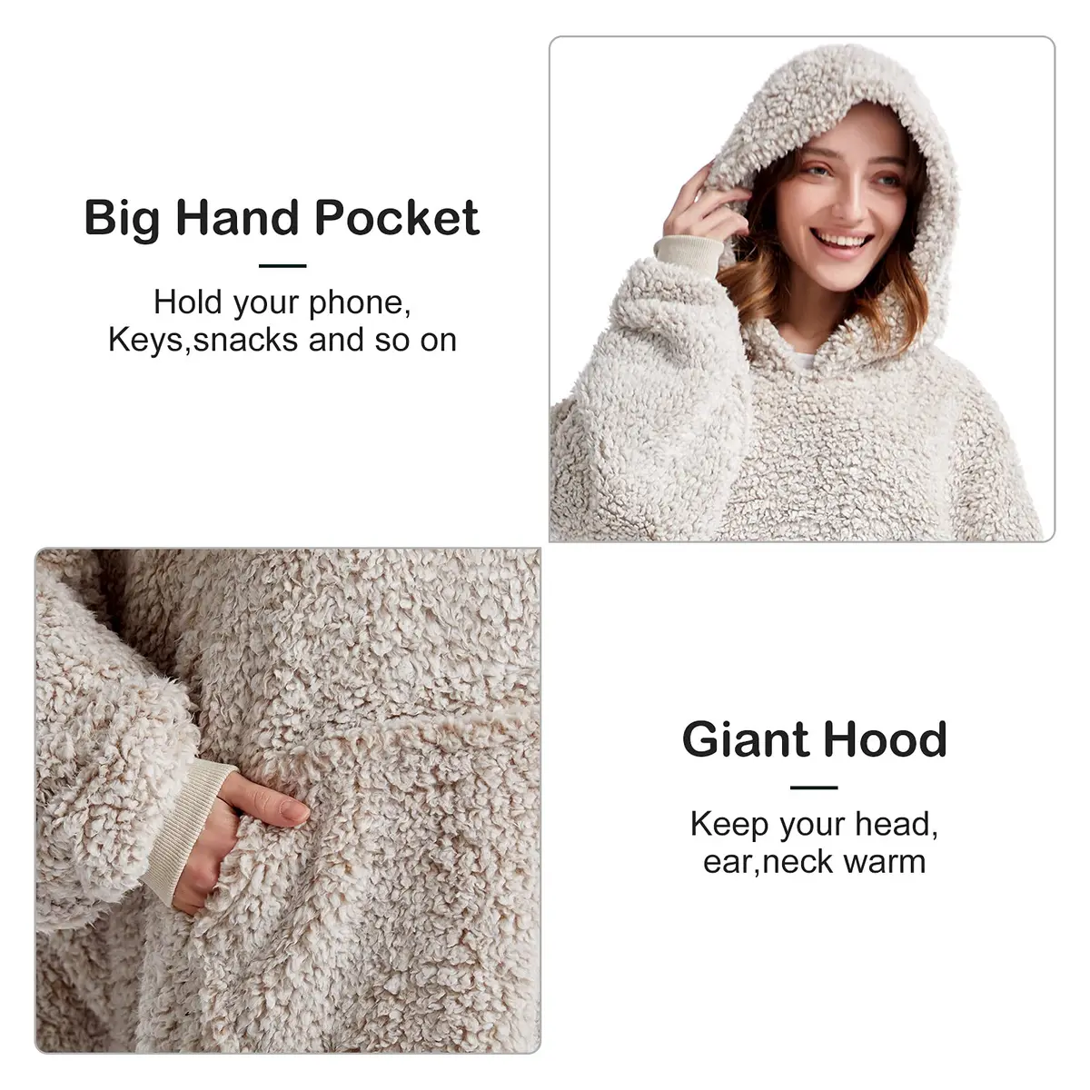 HORIMOTE HOME Oversized Sherpa Wearable Blanket Hoodie for Adults & Kids | Super Warm Light Brown - view 5