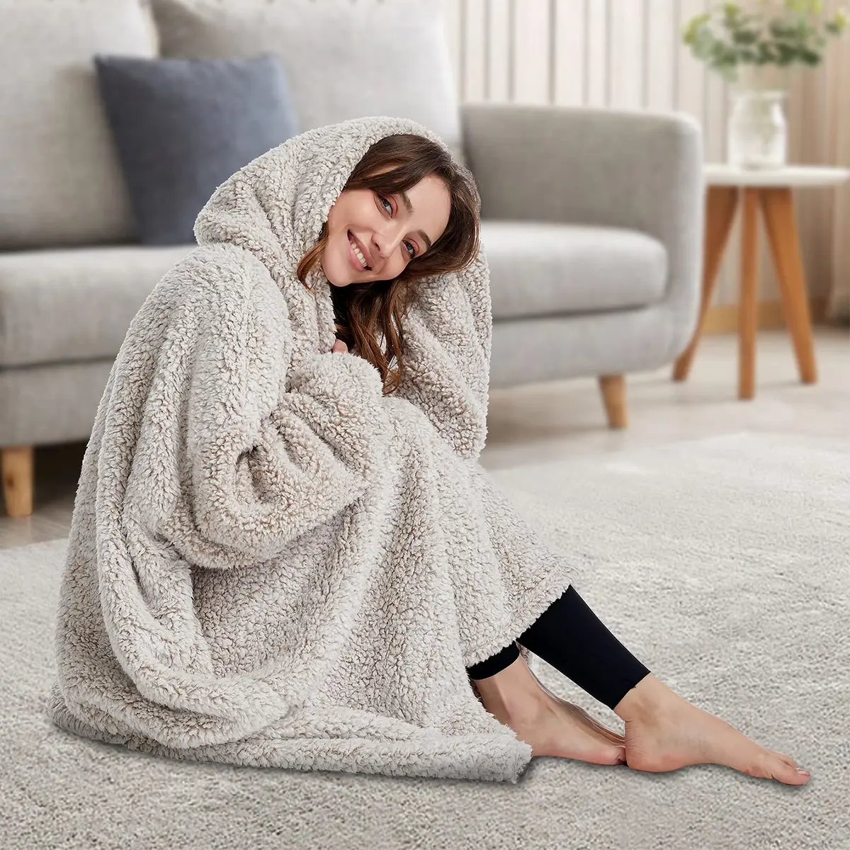 HORIMOTE HOME Oversized Sherpa Wearable Blanket Hoodie for Adults & Kids | Super Warm Light Brown - view 2