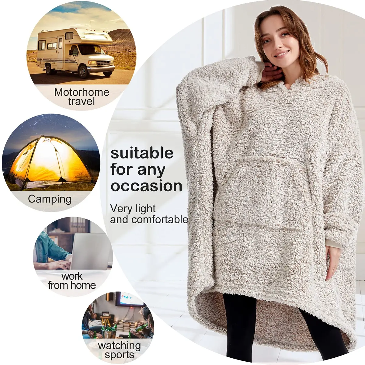 HORIMOTE HOME Oversized Sherpa Wearable Blanket Hoodie for Adults & Kids | Super Warm Light Brown - view 3