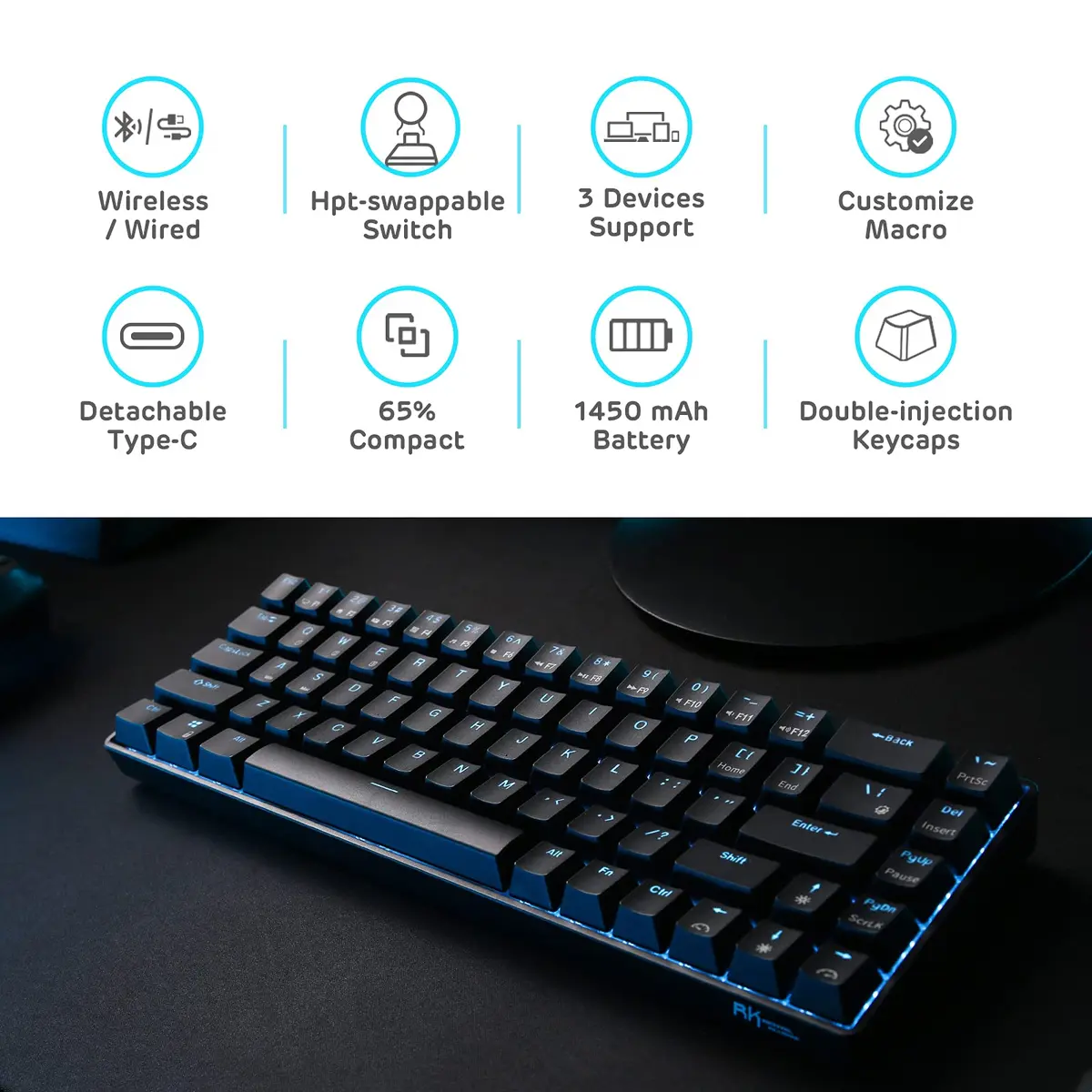 RK ROYAL KLUDGE RK68 Wireless Mechanical Keyboard 65% Compact Bluetooth Gaming Keyboard with Red Switches - view 2