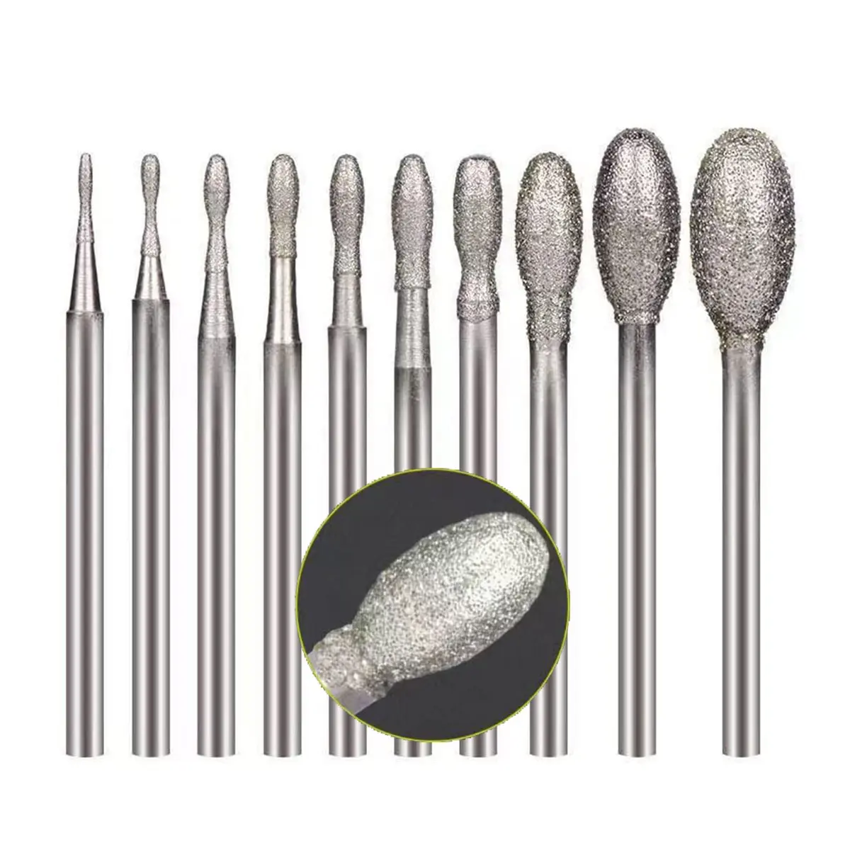 Luo ke Diamond Burr 10 Pcs 0.8mm-6mm Oval Shape | Durable Diamond Particles for Precision Carving - main product image