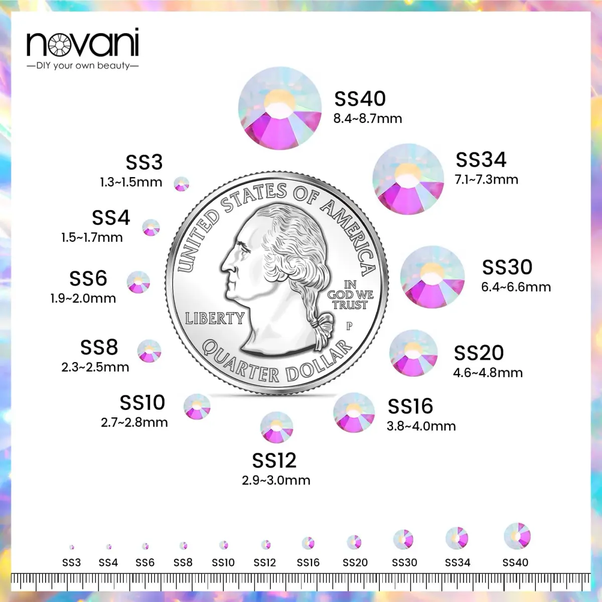 novani Crystal AB Rhinestones SS10 (1440pcs, 2.7-2.9mm) Glass Flatback Round Gems | Non-Hotfix for Nail Art & Crafts - view 3