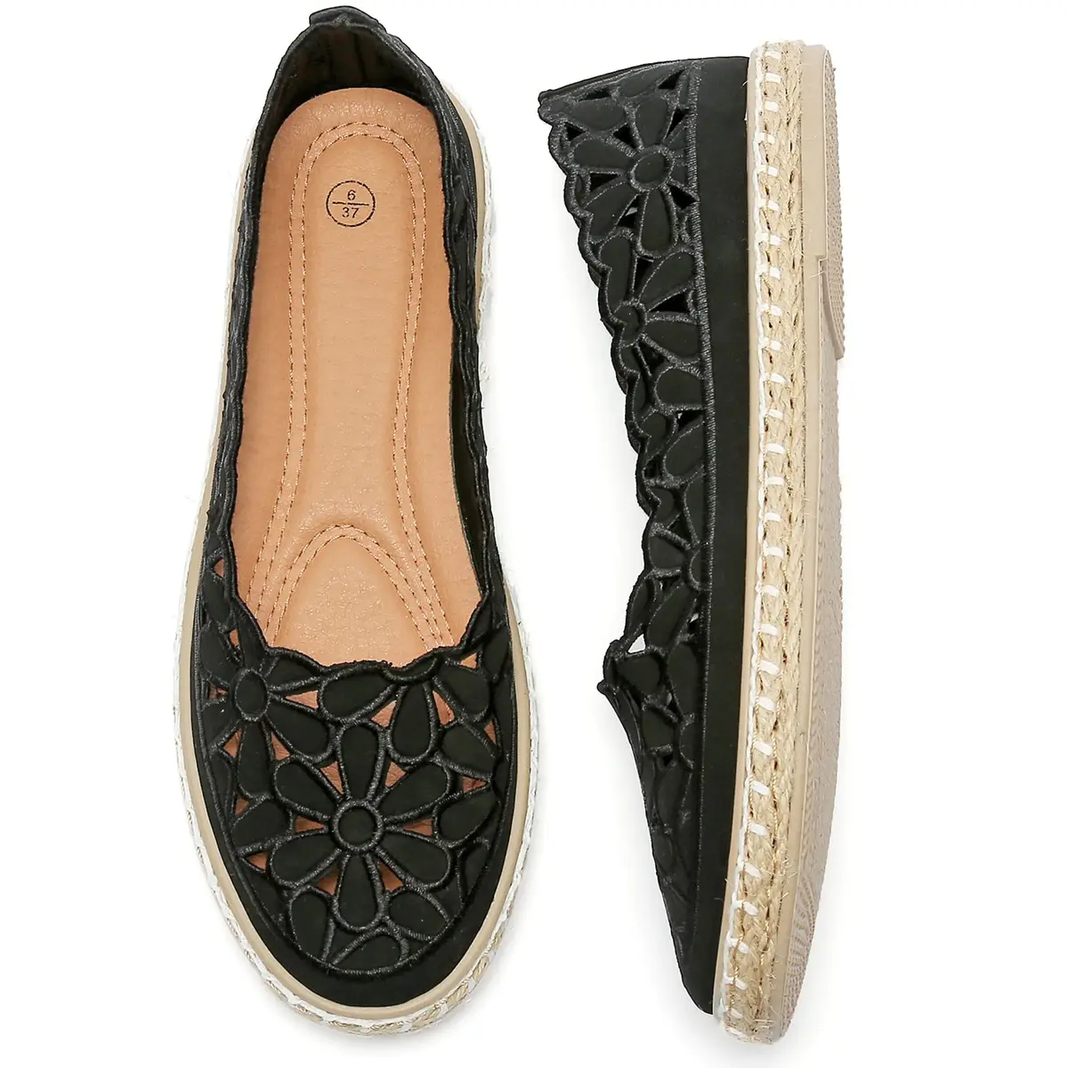 HEAWISH Women's PU Leather Ballet Flats Espadrille Loafers, Black, Size 5 | Breathable & Lightweight Summer Slip-Ons - main product image
