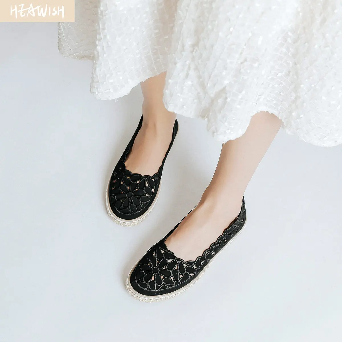 HEAWISH Women's PU Leather Ballet Flats Espadrille Loafers, Black, Size 5 | Breathable & Lightweight Summer Slip-Ons - view 2