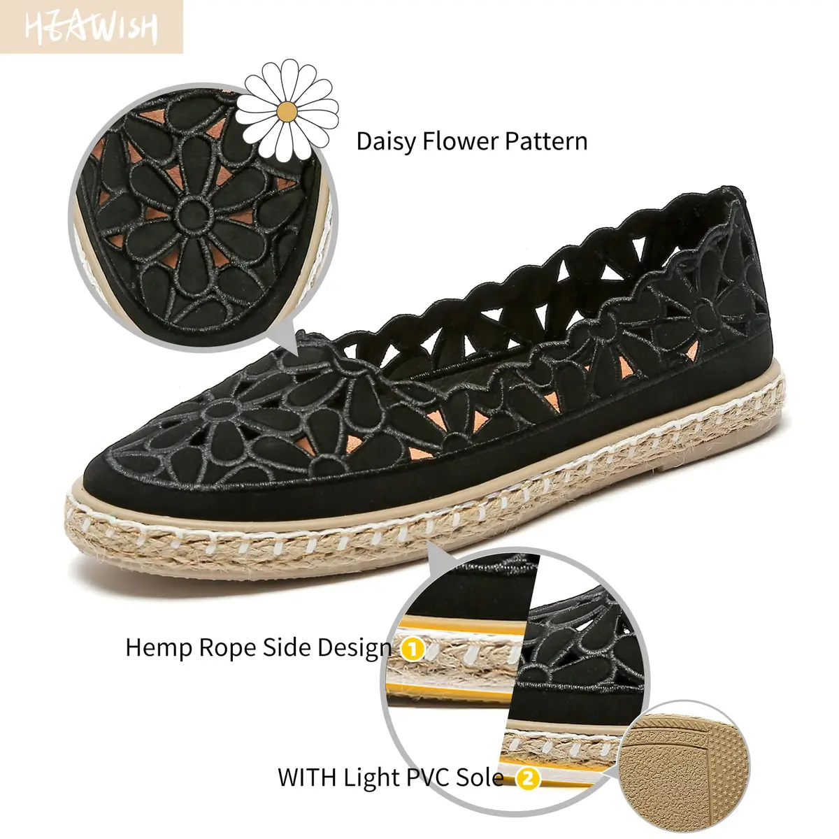 HEAWISH Women's PU Leather Ballet Flats Espadrille Loafers, Black, Size 5 | Breathable & Lightweight Summer Slip-Ons - view 3