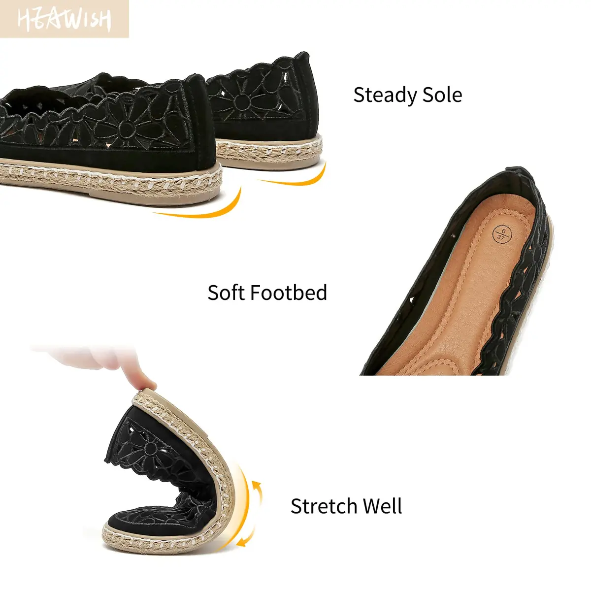 HEAWISH Women's PU Leather Ballet Flats Espadrille Loafers, Black, Size 5 | Breathable & Lightweight Summer Slip-Ons - view 4