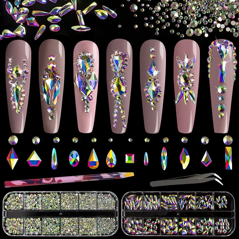 BELLEBOOST Multi Shapes 3D Glass AB Crystal Nail Art Rhinestones Kit with Pickup Pen & Tweezer | Iridescent Nail Decoration - main product image
