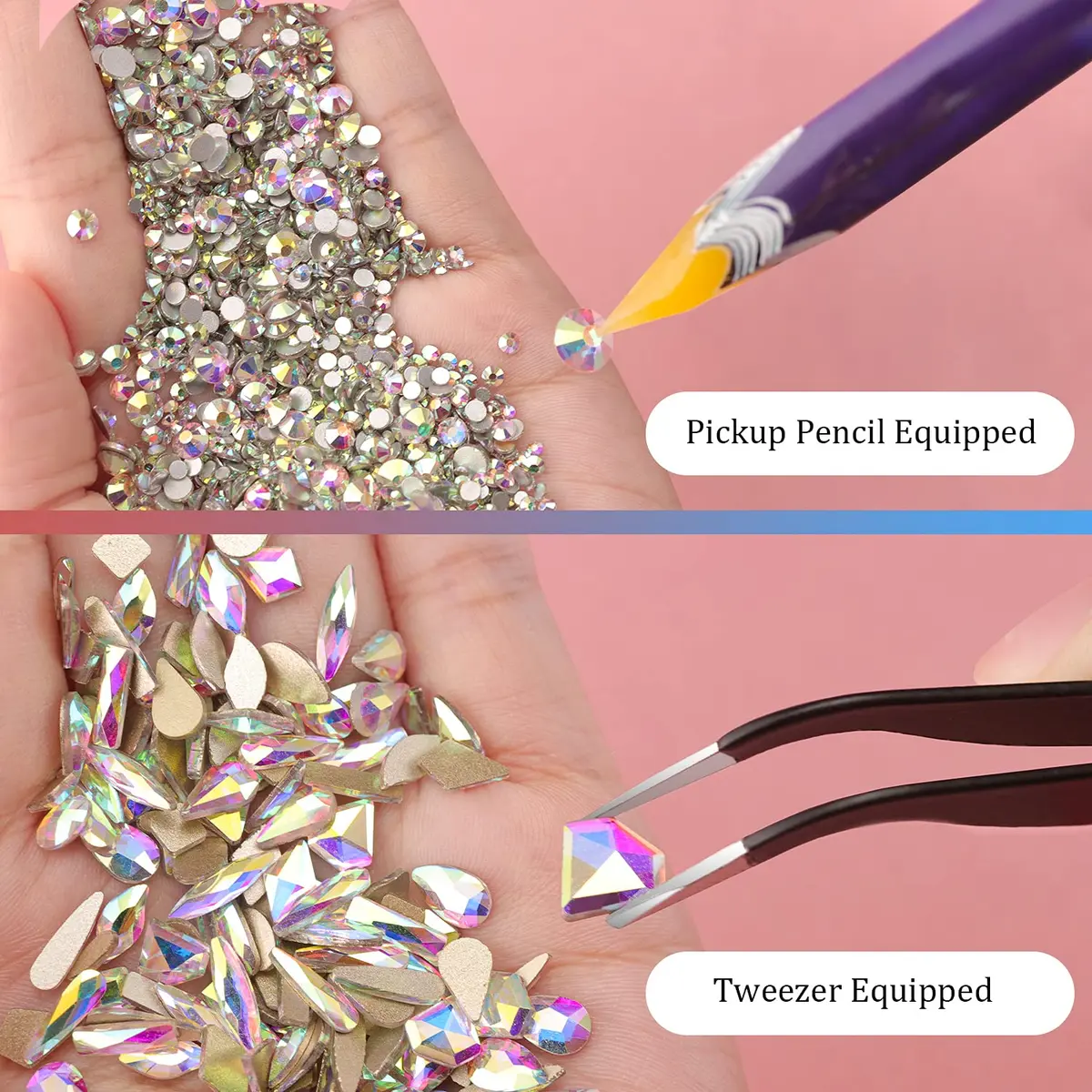 BELLEBOOST Multi Shapes 3D Glass AB Crystal Nail Art Rhinestones Kit with Pickup Pen & Tweezer | Iridescent Nail Decoration - view 5