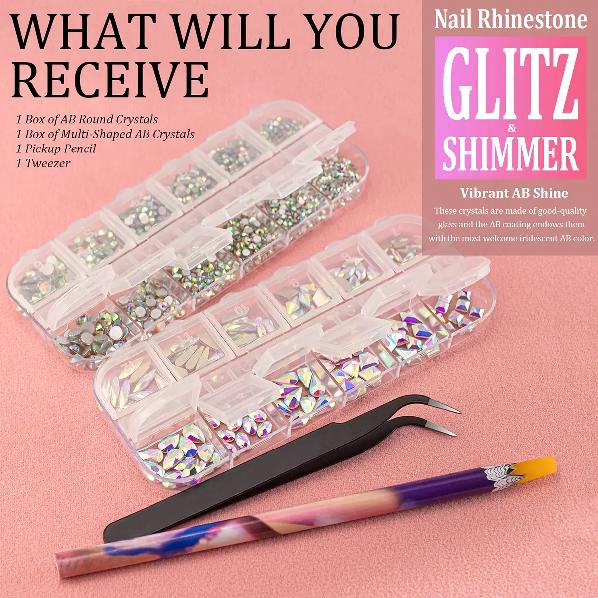 BELLEBOOST Multi Shapes 3D Glass AB Crystal Nail Art Rhinestones Kit with Pickup Pen & Tweezer | Iridescent Nail Decoration - view 6
