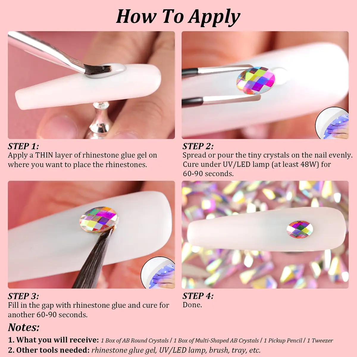 BELLEBOOST Multi Shapes 3D Glass AB Crystal Nail Art Rhinestones Kit with Pickup Pen & Tweezer | Iridescent Nail Decoration - view 7
