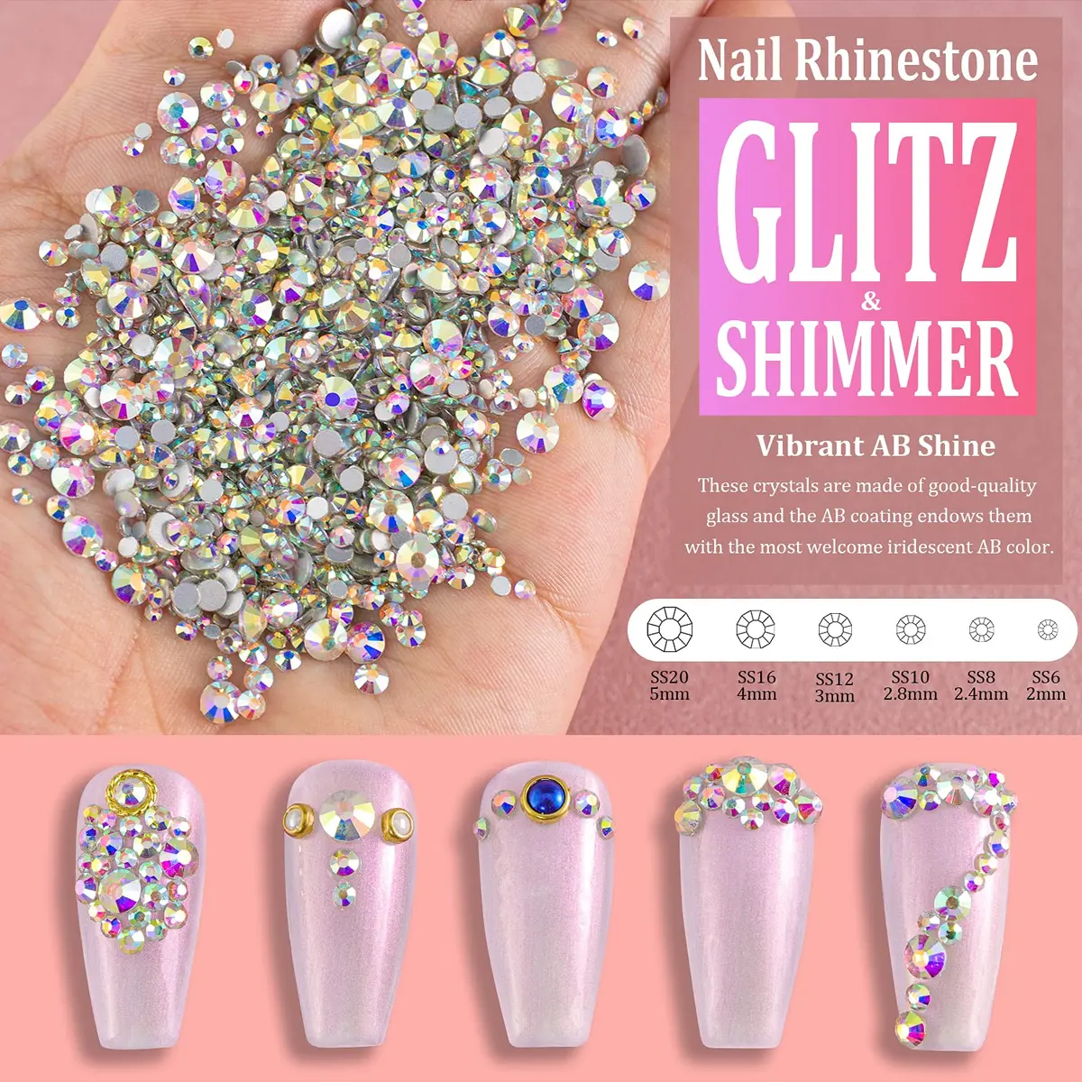 BELLEBOOST Multi Shapes 3D Glass AB Crystal Nail Art Rhinestones Kit with Pickup Pen & Tweezer | Iridescent Nail Decoration - view 2