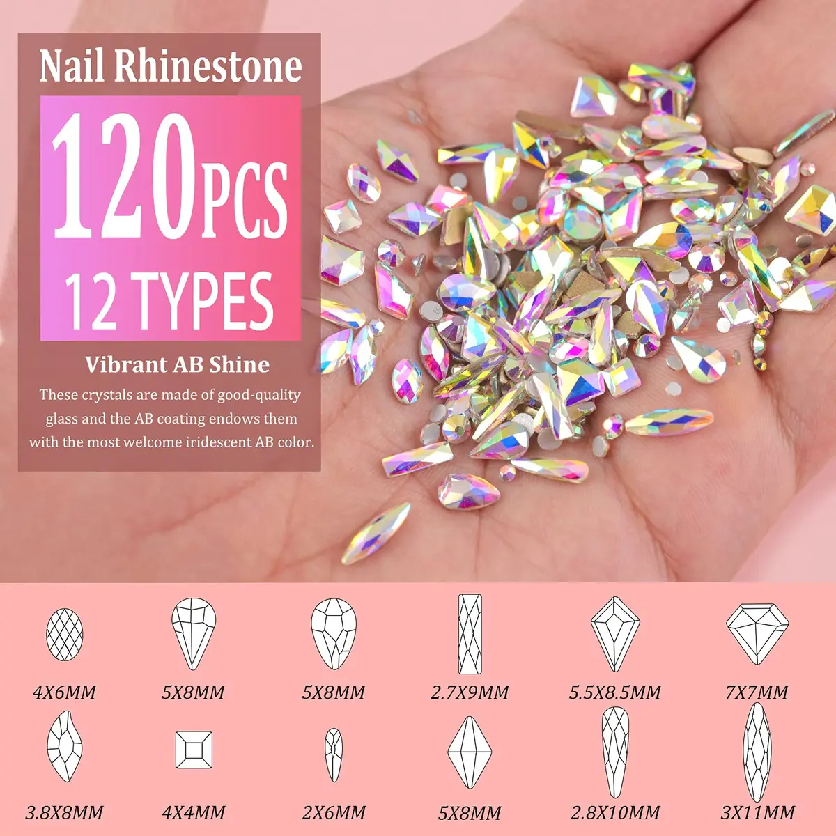 BELLEBOOST Multi Shapes 3D Glass AB Crystal Nail Art Rhinestones Kit with Pickup Pen & Tweezer | Iridescent Nail Decoration - view 3