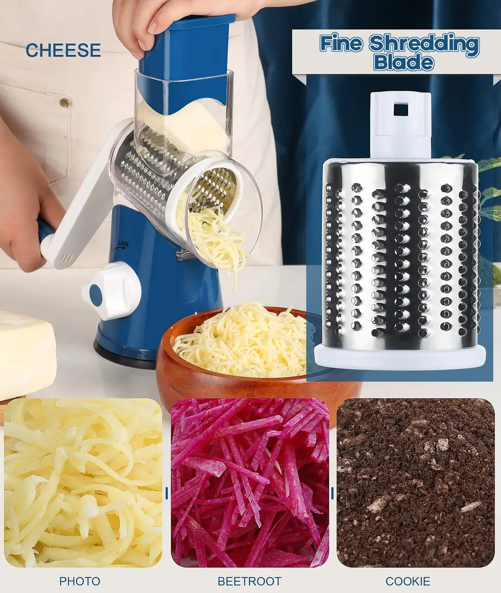 Ourokhome Rotary Cheese Grater Hand Crank | 3 Blades for Cheese & Vegetables, 304 Stainless Steel, Dark Blue - view 5