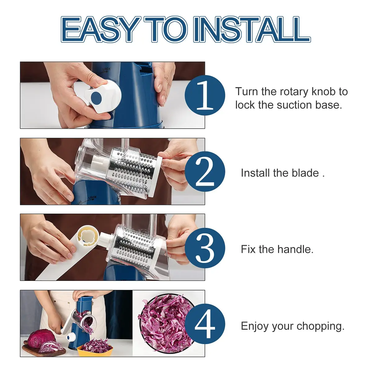Ourokhome Rotary Cheese Grater Hand Crank | 3 Blades for Cheese & Vegetables, 304 Stainless Steel, Dark Blue - view 6