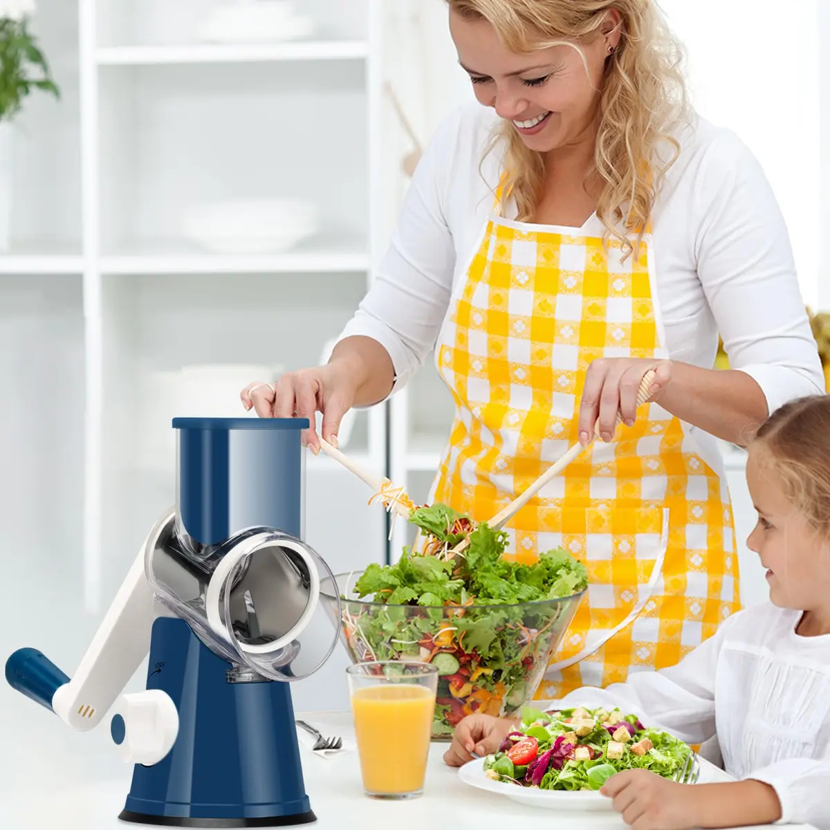 Ourokhome Rotary Cheese Grater Hand Crank | 3 Blades for Cheese & Vegetables, 304 Stainless Steel, Dark Blue - view 7