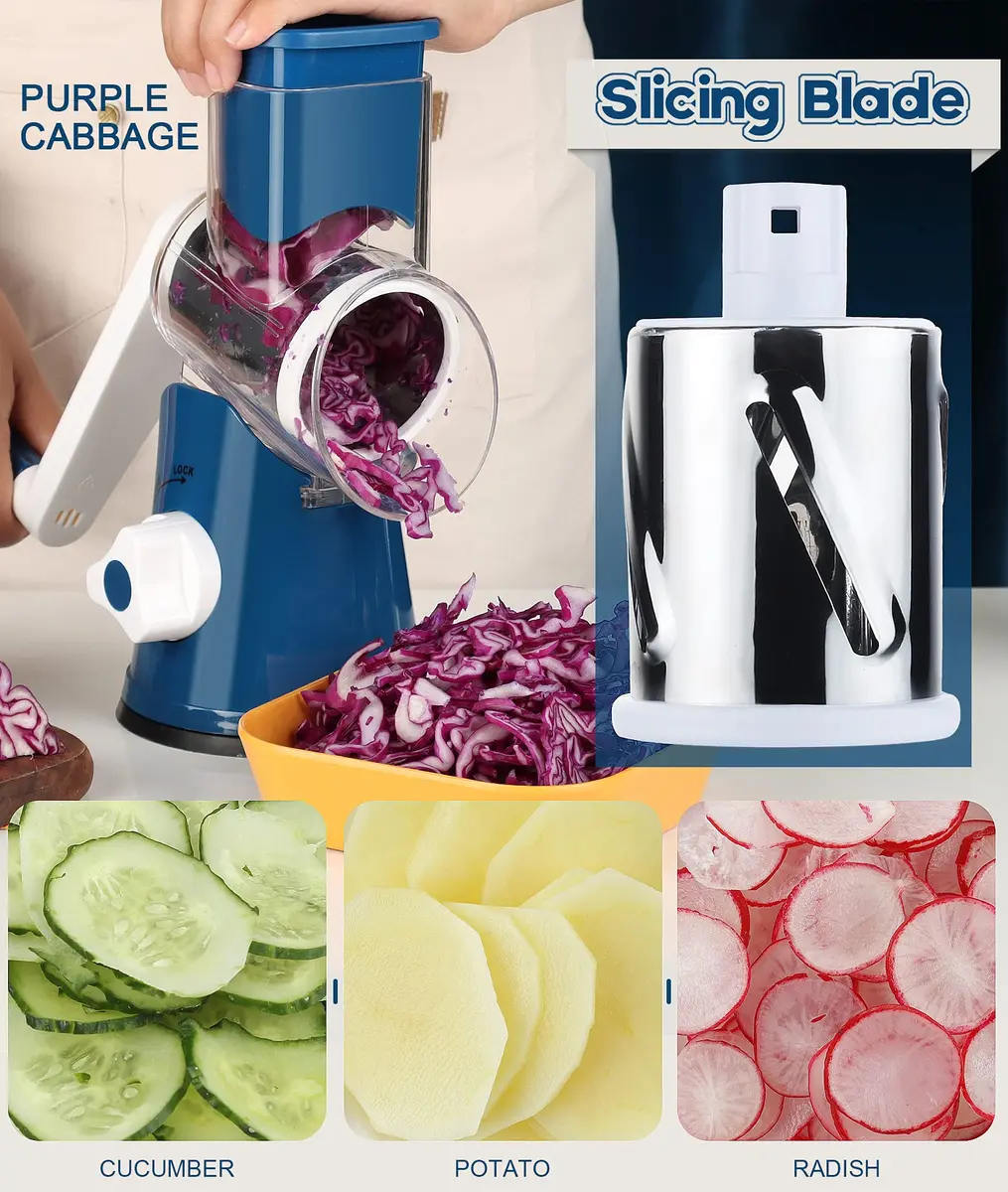 Ourokhome Rotary Cheese Grater Hand Crank | 3 Blades for Cheese & Vegetables, 304 Stainless Steel, Dark Blue - view 3