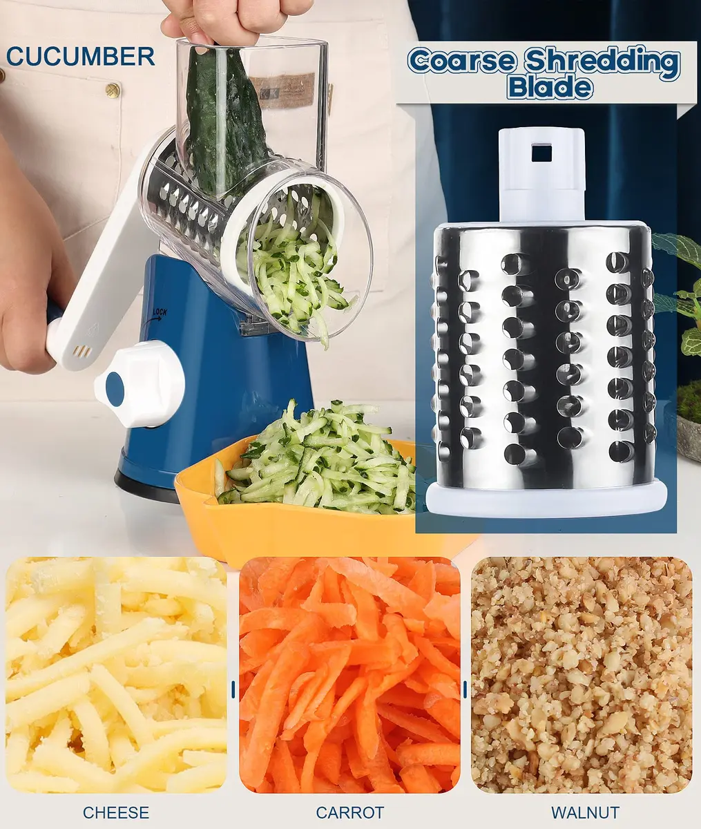 Ourokhome Rotary Cheese Grater Hand Crank | 3 Blades for Cheese & Vegetables, 304 Stainless Steel, Dark Blue - view 4