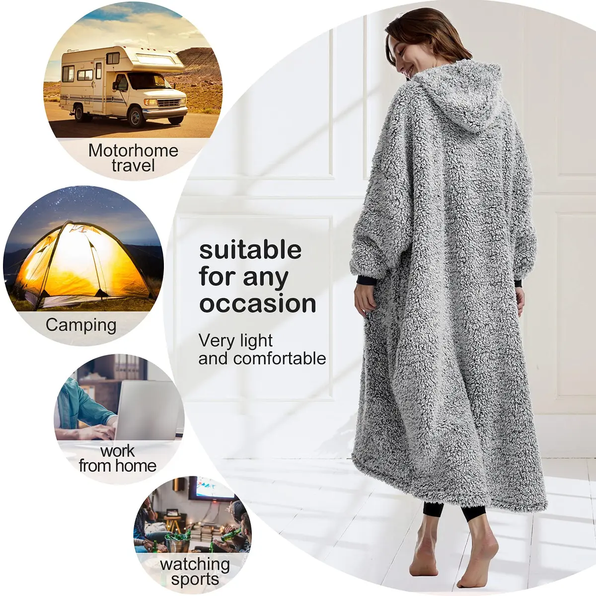 HORIMOTE HOME Cozy Sherpa Wearable Snuggle Blanket Hoodie Oversized Black | Super Warm Light Weight - view 2