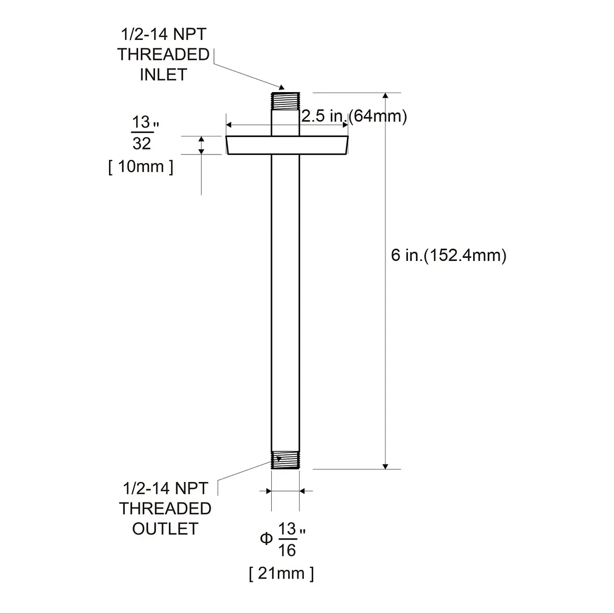 OFFO 6 inch (15.24cm) Ceiling Mount Shower Arm with Flange | Stainless Steel Chrome - view 7