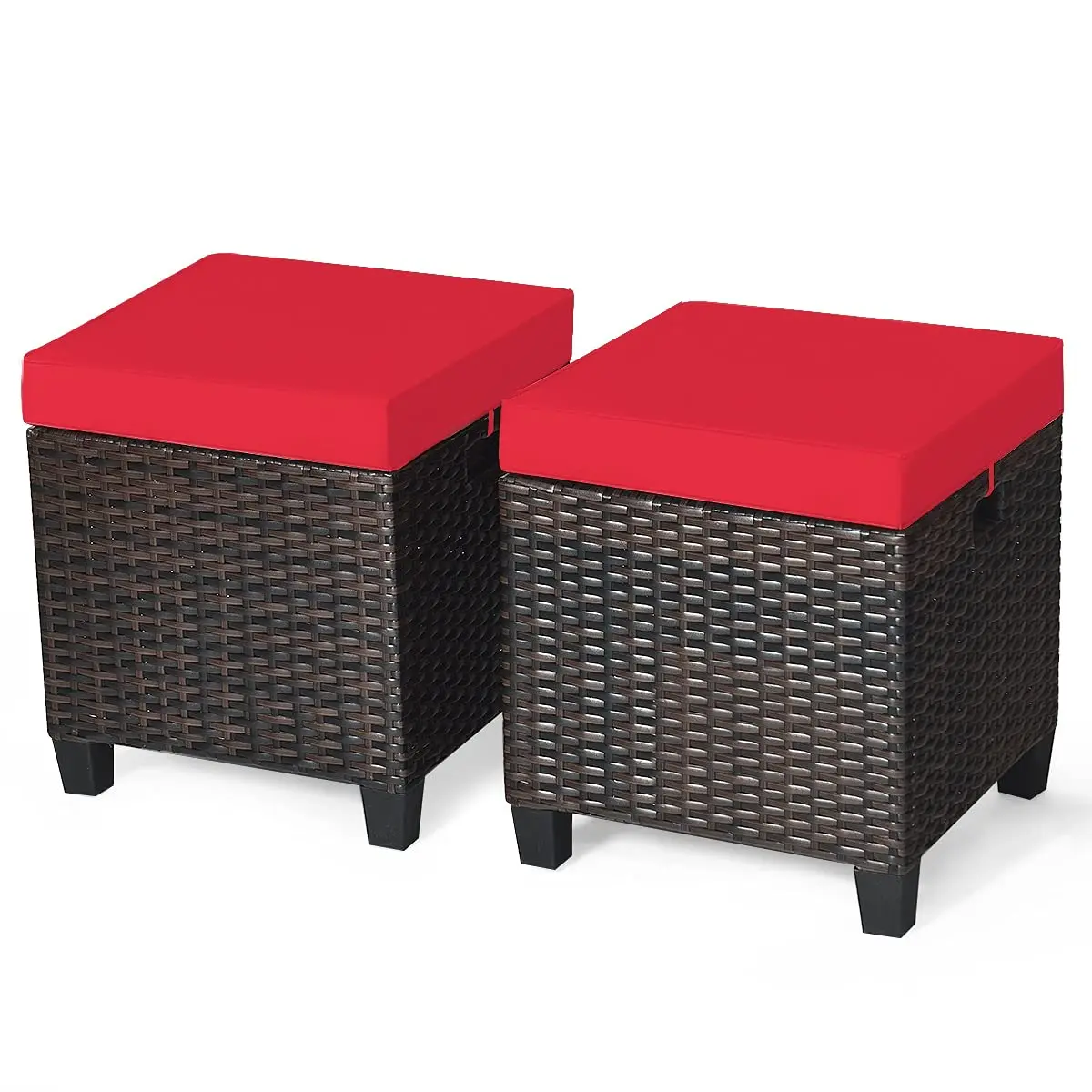 BETTARY 2PCS Patio Outdoor Ottomans | Rattan Wicker Set with Removable Cushions, Red (16x16x18 in) - main product image