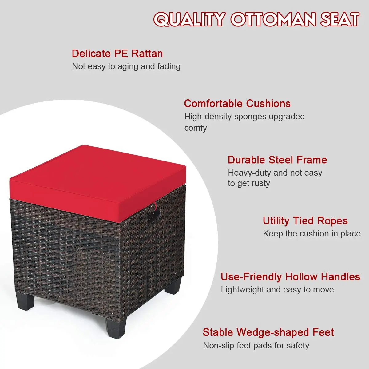 BETTARY 2PCS Patio Outdoor Ottomans | Rattan Wicker Set with Removable Cushions, Red (16x16x18 in) - view 7