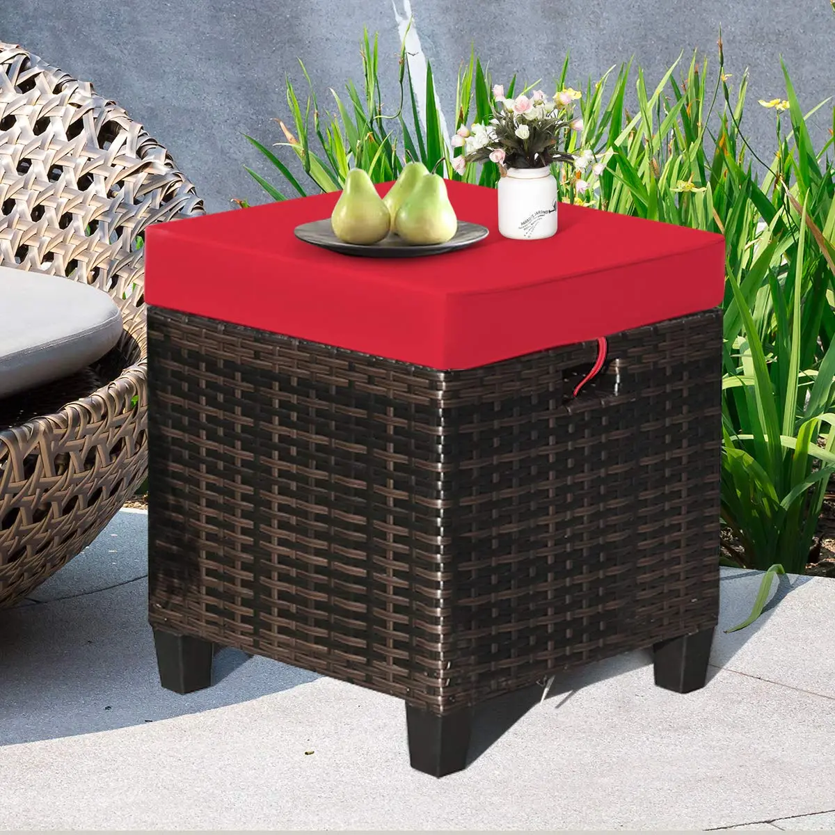 BETTARY 2PCS Patio Outdoor Ottomans | Rattan Wicker Set with Removable Cushions, Red (16x16x18 in) - view 8