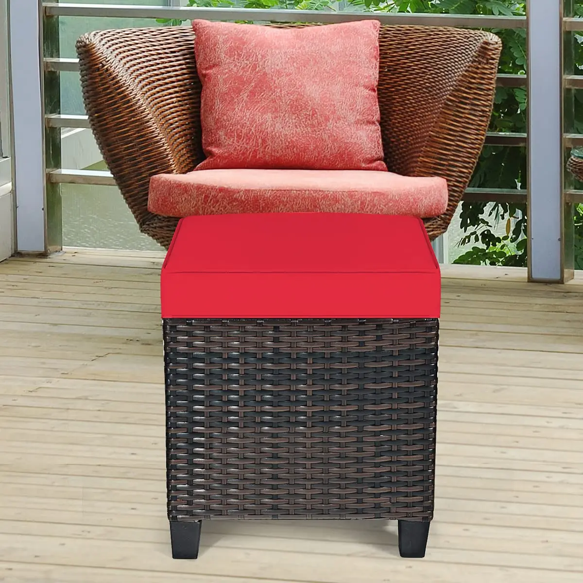 BETTARY 2PCS Patio Outdoor Ottomans | Rattan Wicker Set with Removable Cushions, Red (16x16x18 in) - view 9