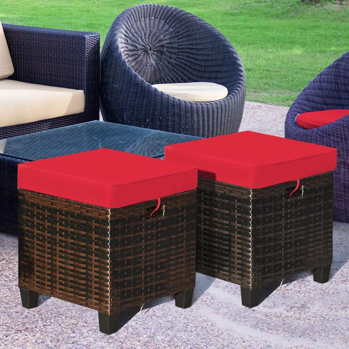 BETTARY 2PCS Patio Outdoor Ottomans | Rattan Wicker Set with Removable Cushions, Red (16x16x18 in) - view 2