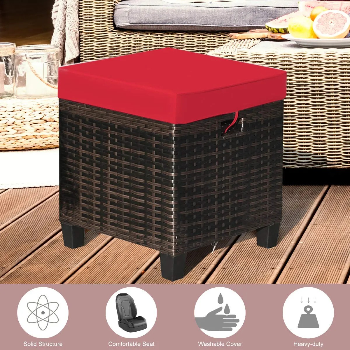 BETTARY 2PCS Patio Outdoor Ottomans | Rattan Wicker Set with Removable Cushions, Red (16x16x18 in) - view 3