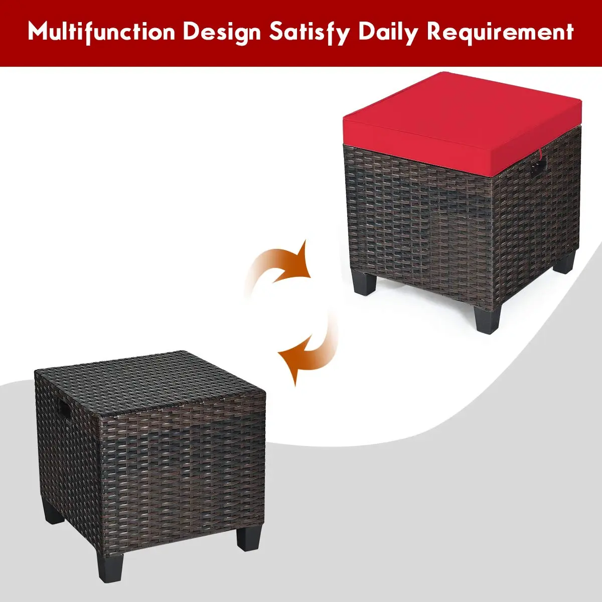 BETTARY 2PCS Patio Outdoor Ottomans | Rattan Wicker Set with Removable Cushions, Red (16x16x18 in) - view 4