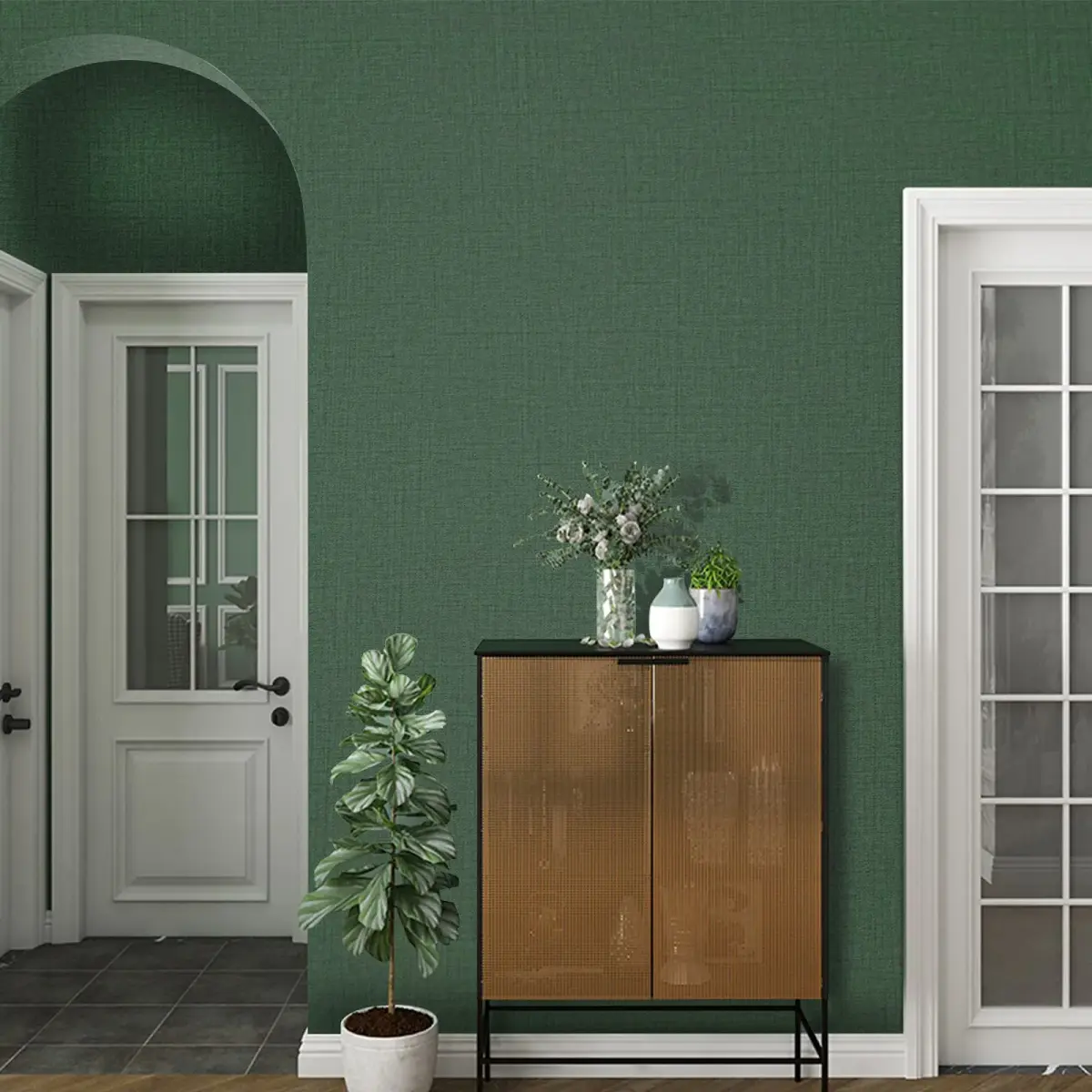 TANONE Dark Green Grasscloth Peel and Stick Wallpaper 40.1 cm x 5 m | Realistic Textured Linen Finish - view 4