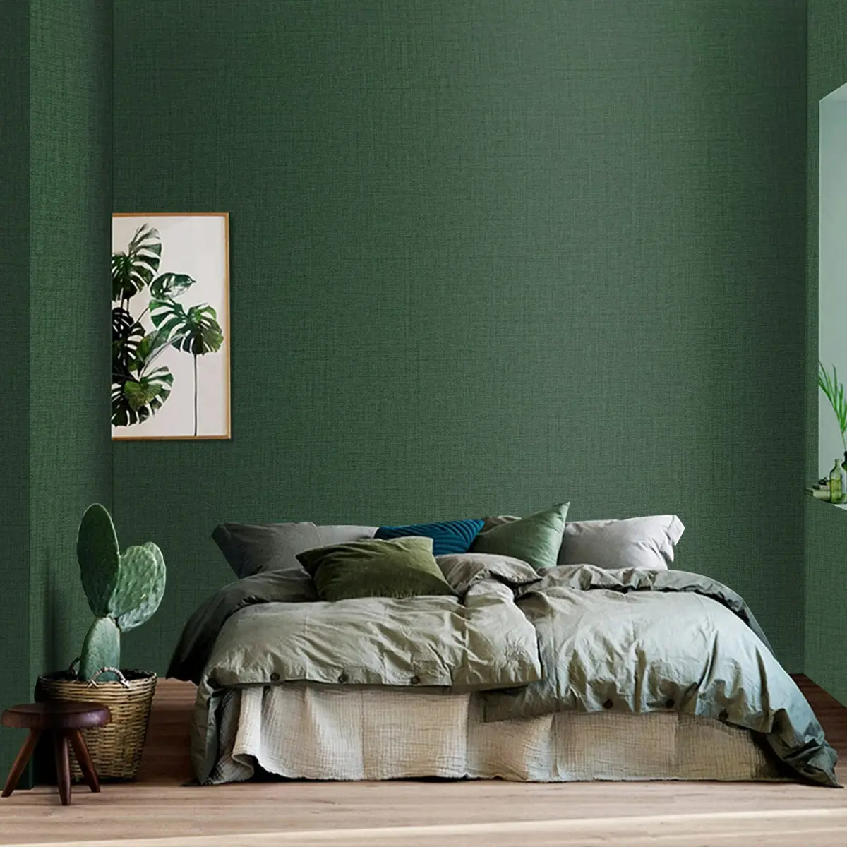 TANONE Dark Green Grasscloth Peel and Stick Wallpaper 40.1 cm x 5 m | Realistic Textured Linen Finish - view 2