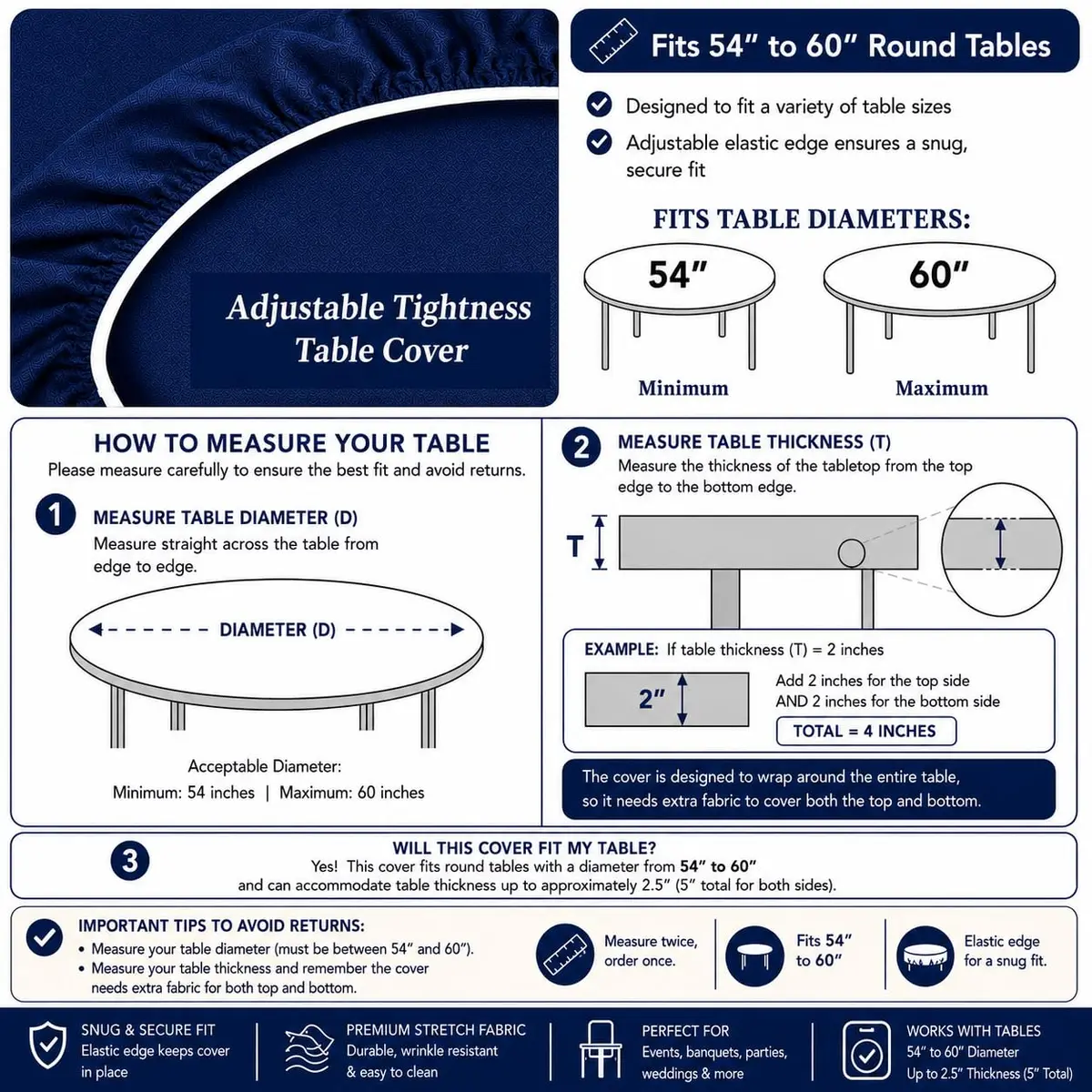 Feltectors Felt Card Game Table Cover for Poker, Mahjong, Domino, Bridge & Board Games | Elastic Fitted Round Tablecloth, Blue, 54-60" - view 5