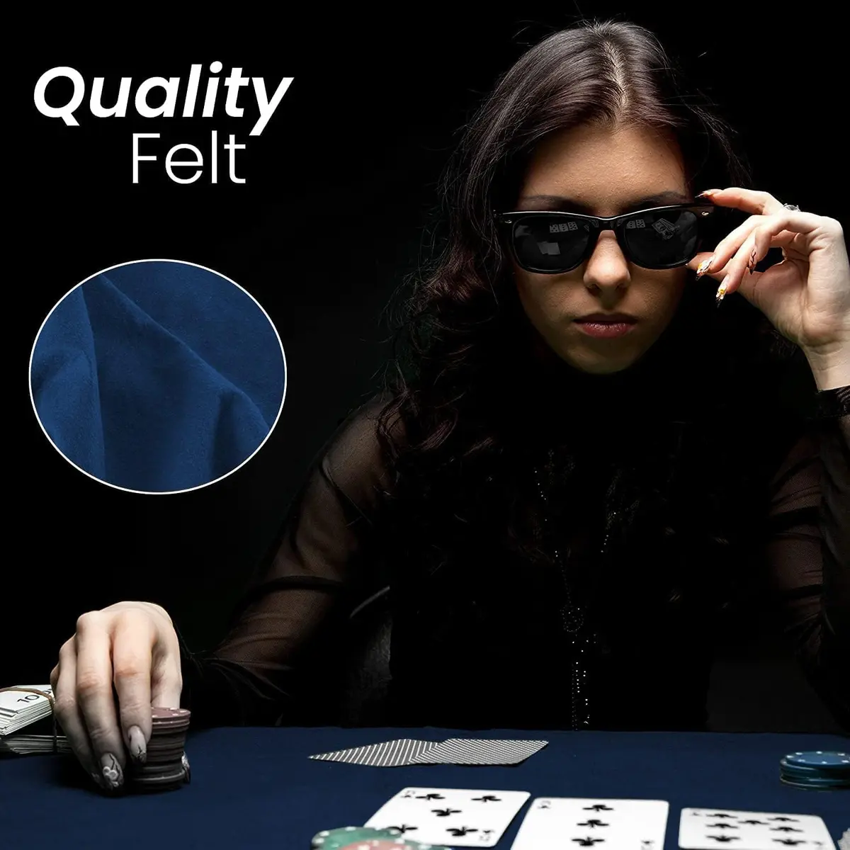 Feltectors Felt Card Game Table Cover for Poker, Mahjong, Domino, Bridge & Board Games | Elastic Fitted Round Tablecloth, Blue, 54-60" - view 8