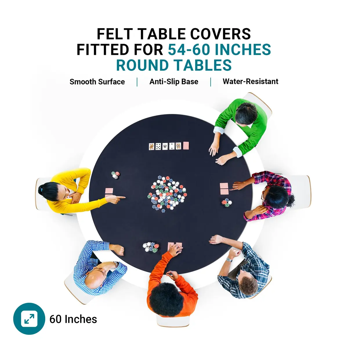 Feltectors Felt Card Game Table Cover for Poker, Mahjong, Domino, Bridge & Board Games | Elastic Fitted Round Tablecloth, Blue, 54-60" - view 3