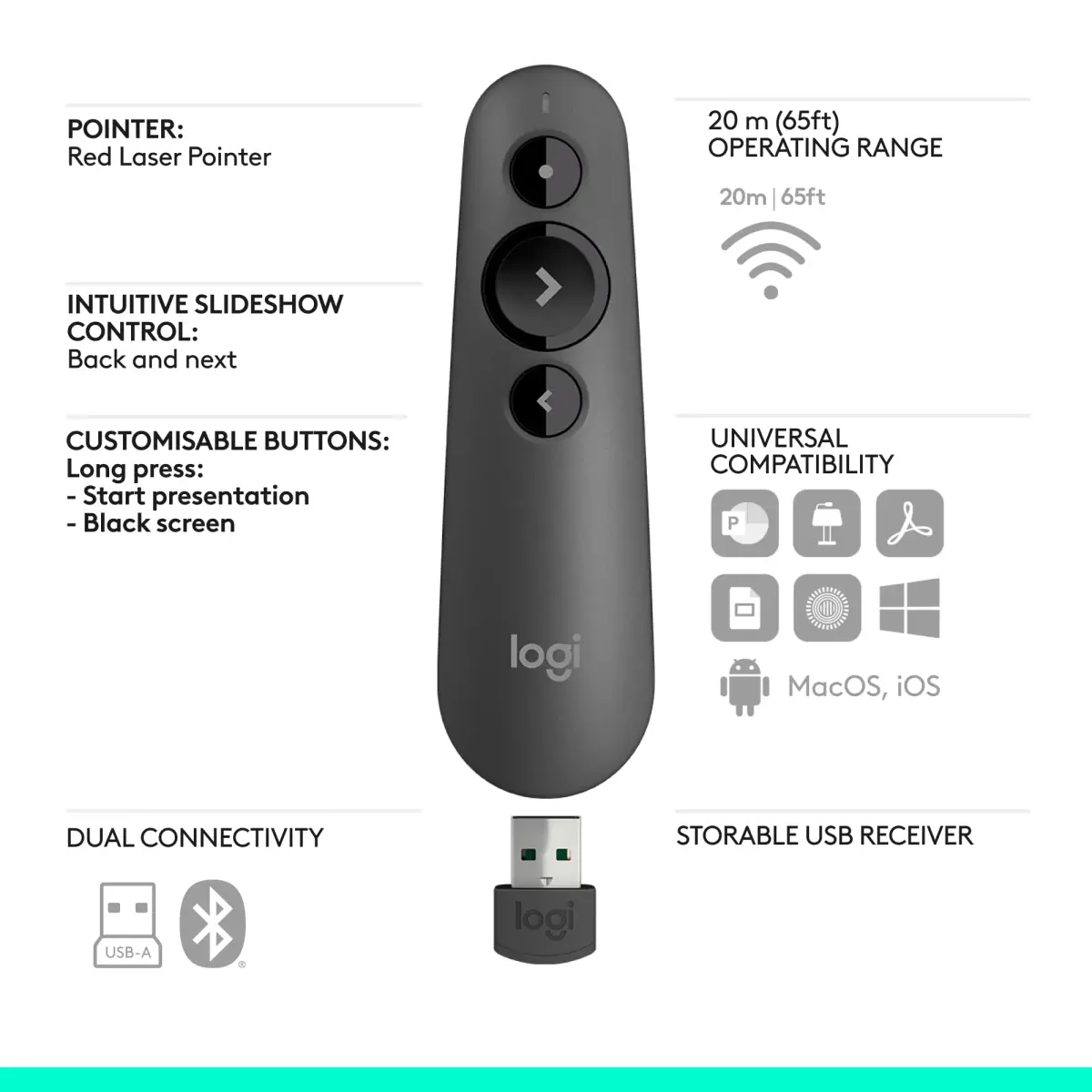 Logitech Wireless Presenter R500s with Laser Pointer & USB Receiver (12.4cm x 3.6cm x 2.5cm) - view 7