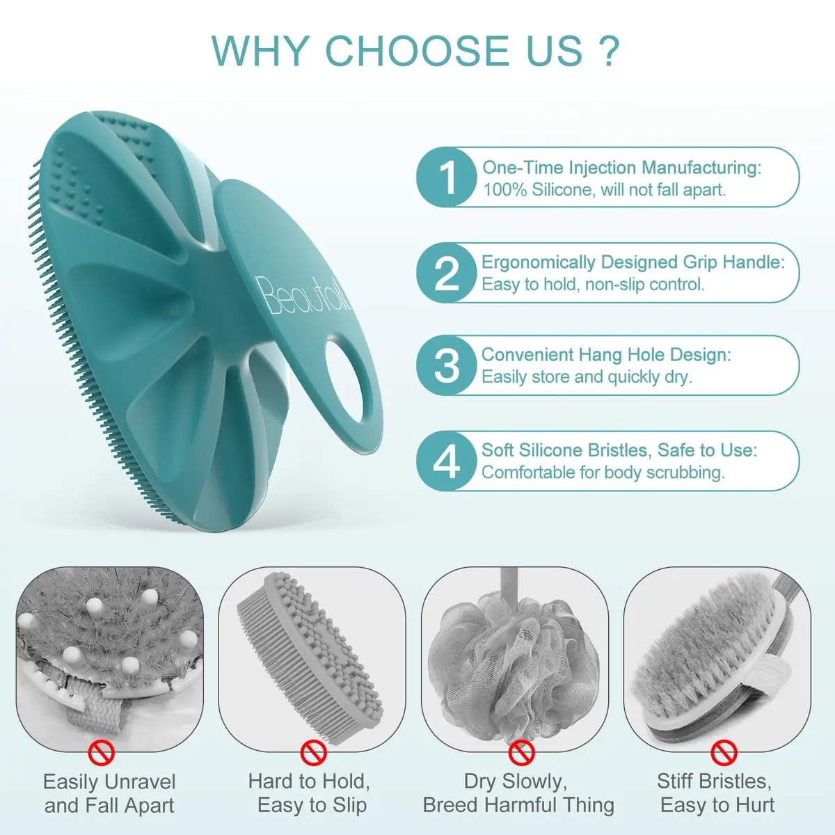 BEAUTAIL Silicone Body Scrubber Gentle Exfoliating Brush for Sensitive Skin Cyan | Hygienic Silicone Loofah for Body, Face & Scalp - view 3