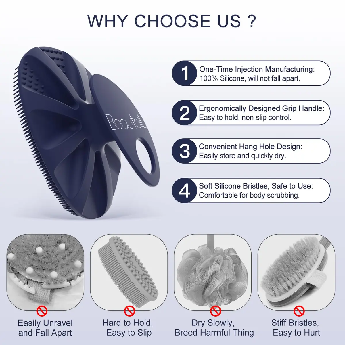BEAUTAIL Silicone Body Scrubber Gentle Exfoliating Brush for Sensitive Skin | 83g (2.9oz) Blue - view 2