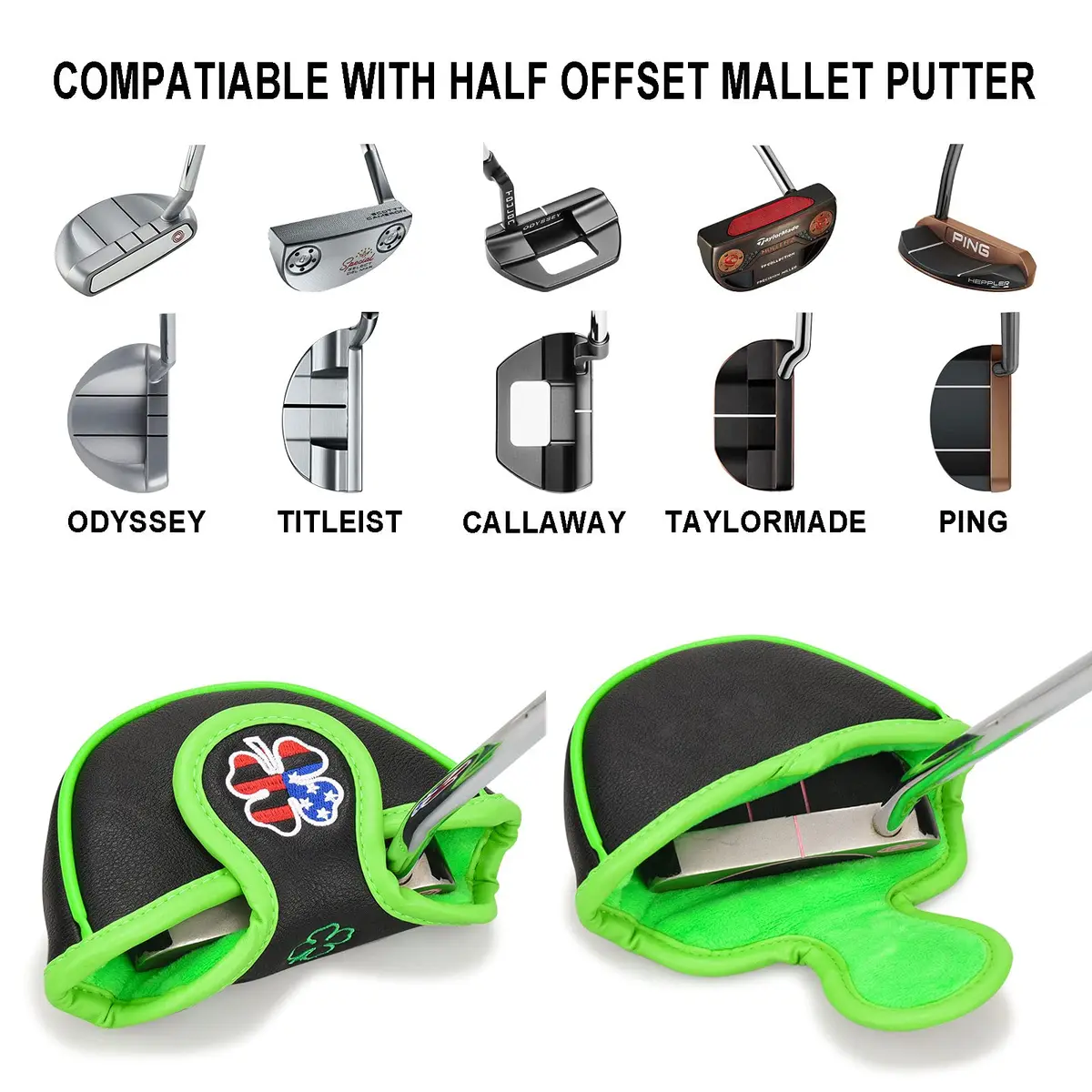BIG TEETH Black Clover Half Mallet Putter Cover 5" x 3.1" x 1.2" | Magnetic Closure Golf Club Head Protector - view 3