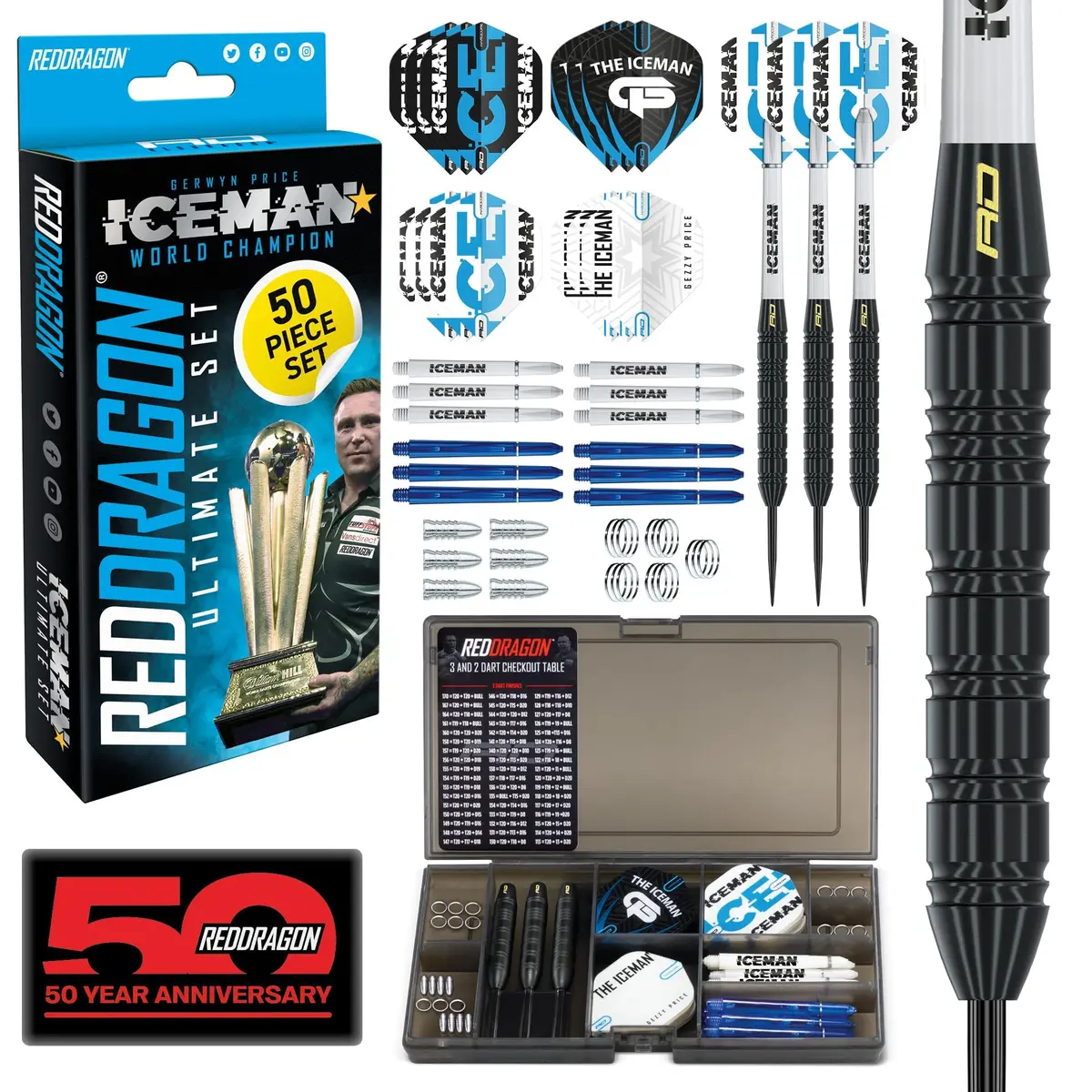 RED DRAGON Gerwyn Price Iceman 22g Brass Steel Tip Darts Set with Case | 50-Piece Complete Kit for Home, League & Pub Play - main product image