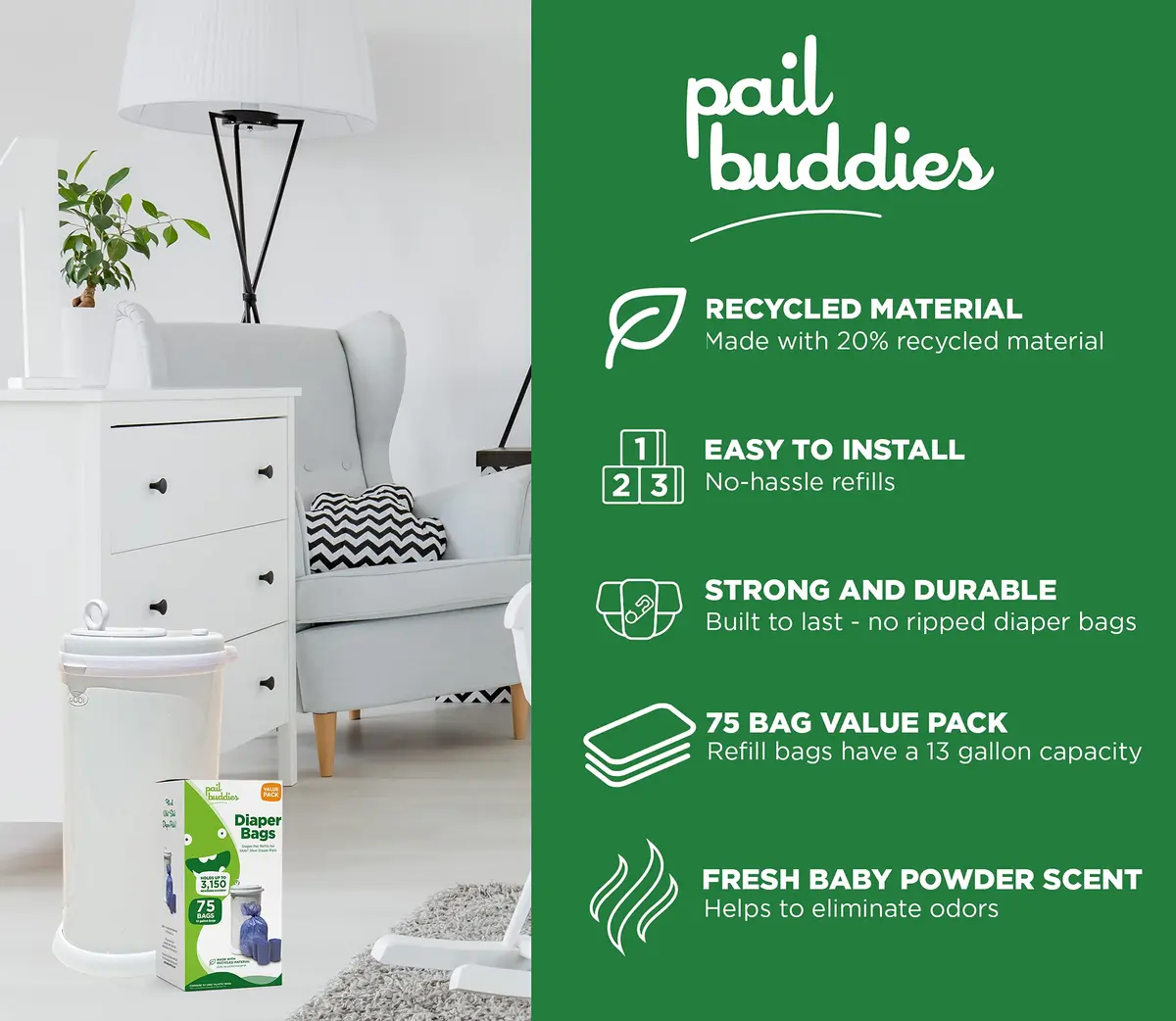 Pail Buddies Diaper Pail Refill Bags 75 Count | Odor Control, Tear-Resistant, 13-Gallon Capacity - view 3