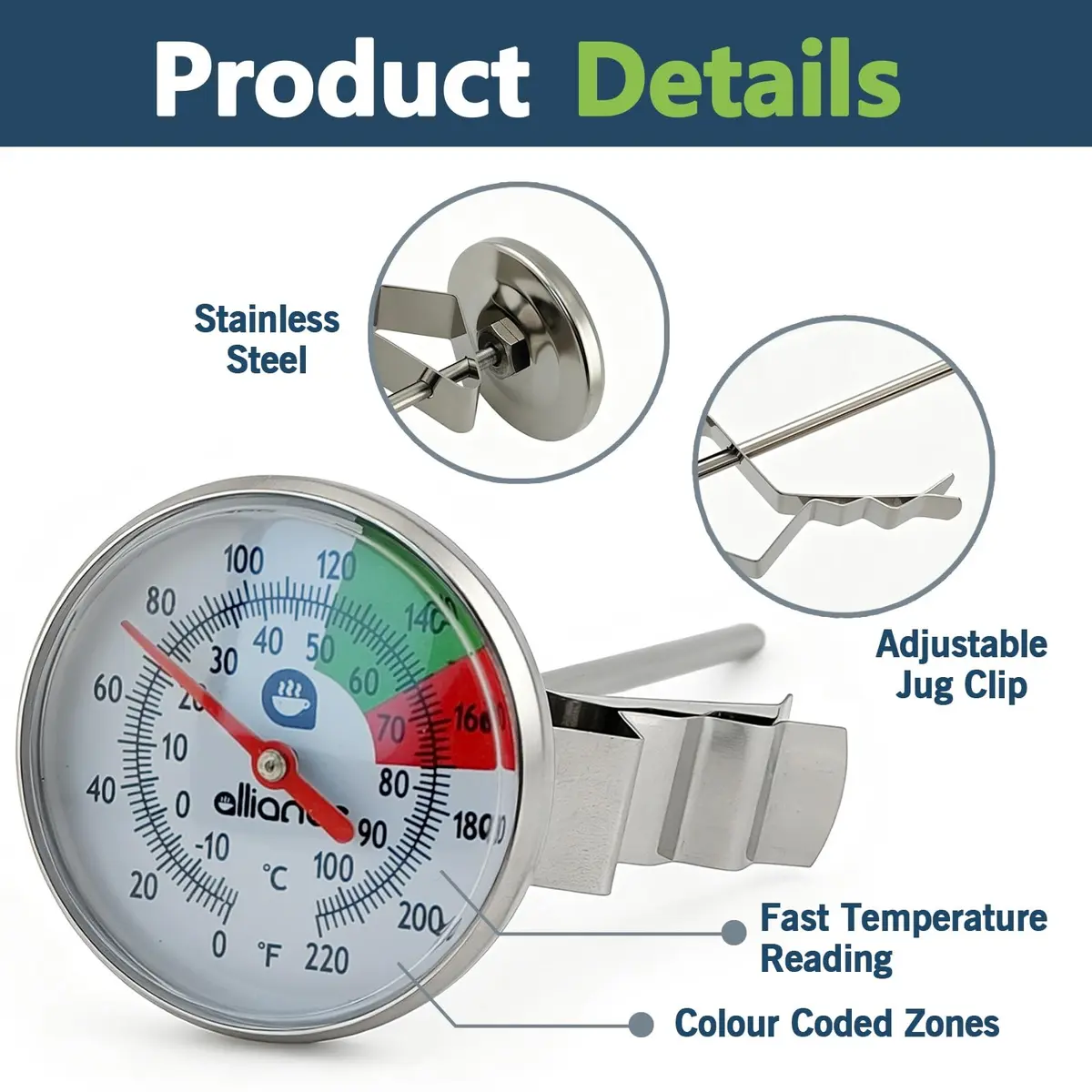 ALLIANCE BREW GEAR Milk Frothing Thermometer with Clip,White,0-220°F | Accurate, Recalibratable for Latte & Cappuccino - view 3