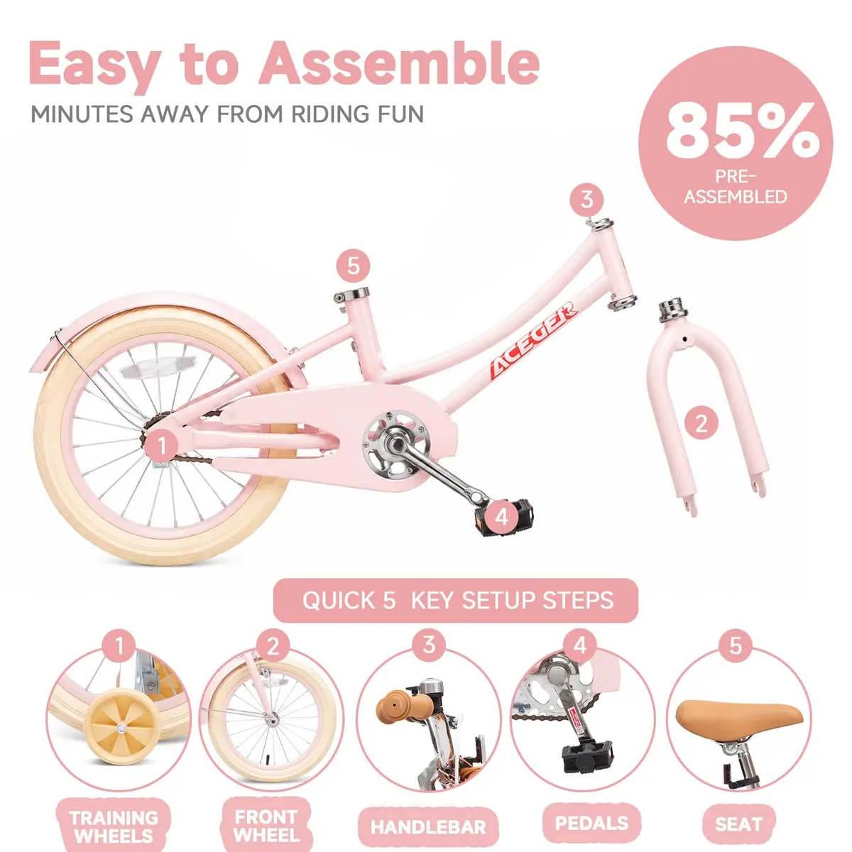 ACEGER Girls Bike with Basket 16 Inch | Retro Style for Kids 3-12 Years - view 5