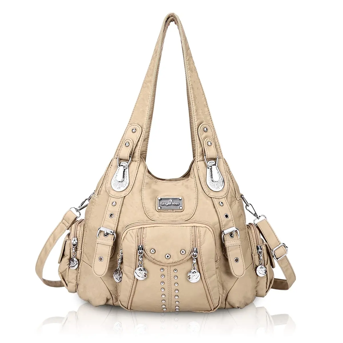 Angel Kiss Large Hobo Handbag Apricot | Soft PU Leather Top Handle Satchel Shoulder Bag - main product image