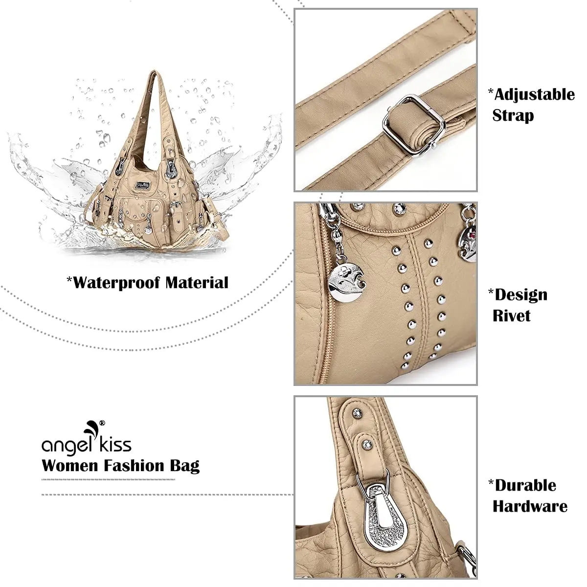 Angel Kiss Large Hobo Handbag Apricot | Soft PU Leather Top Handle Satchel Shoulder Bag - view 5