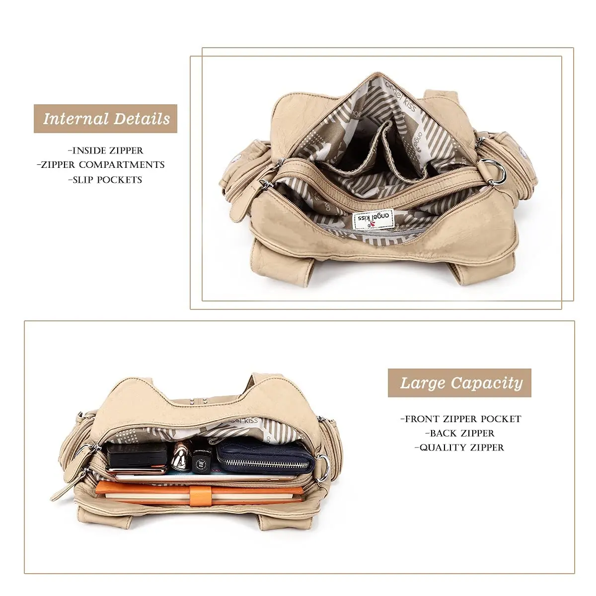 Angel Kiss Large Hobo Handbag Apricot | Soft PU Leather Top Handle Satchel Shoulder Bag - view 6