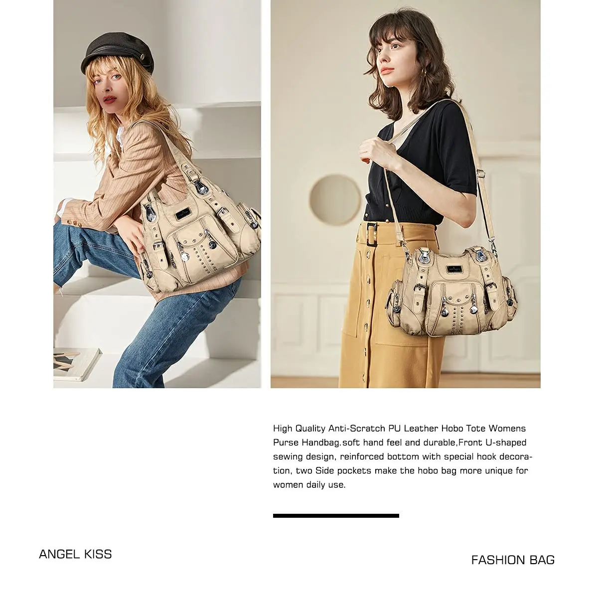 Angel Kiss Large Hobo Handbag Apricot | Soft PU Leather Top Handle Satchel Shoulder Bag - view 2