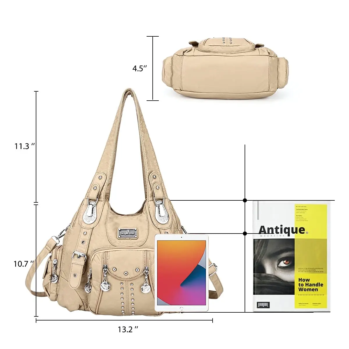Angel Kiss Large Hobo Handbag Apricot | Soft PU Leather Top Handle Satchel Shoulder Bag - view 3